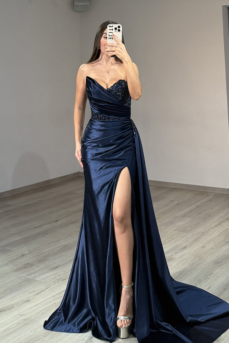 Load image into Gallery viewer, Sparkly Navy Strapless Mermaid Long Prom Dress with Slit