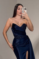Load image into Gallery viewer, Sparkly Navy Strapless Mermaid Long Prom Dress with Slit