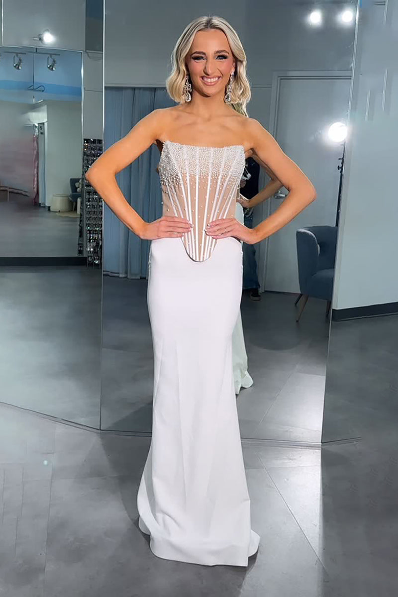 Load image into Gallery viewer, Sparkly White Mermaid Strapless Long Corset Prom Dress