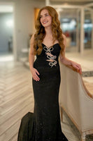 Load image into Gallery viewer, Sparkly Black Beaded Mermaid Long Prom Dress with Keyhole