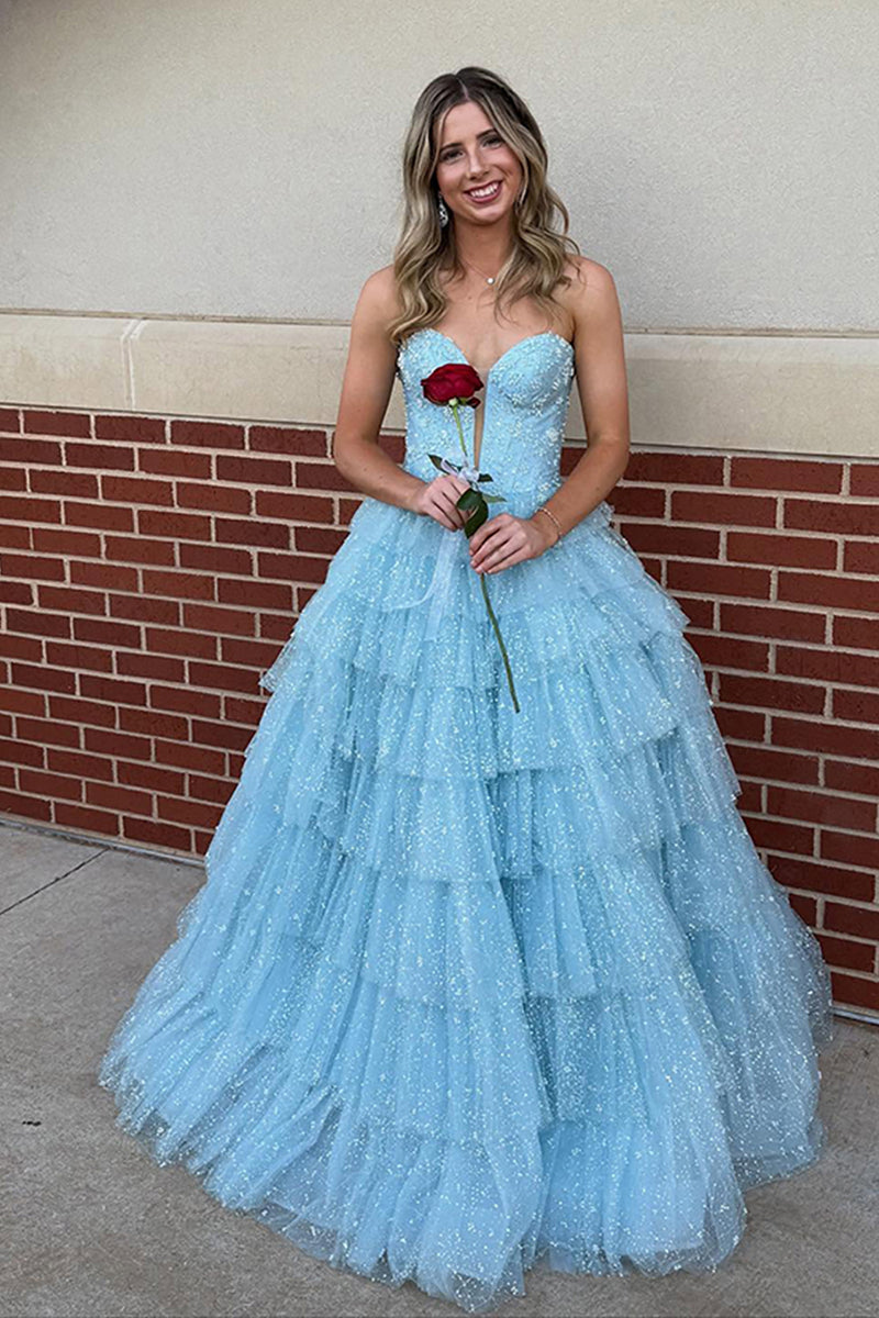 Load image into Gallery viewer, Sparkly Light Blue Strapless Tiered Long Prom Dress with Slit