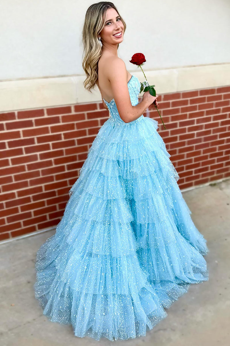 Load image into Gallery viewer, Sparkly Light Blue Strapless Tiered Long Prom Dress with Slit