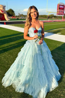 Load image into Gallery viewer, Sparkly Light Blue Strapless Tiered Long Prom Dress with Slit