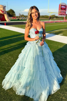 Sparkly Light Blue Strapless Tiered Long Prom Dress with Slit