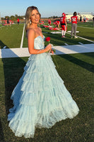 Load image into Gallery viewer, Sparkly Light Blue Strapless Tiered Long Prom Dress with Slit