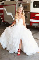 Load image into Gallery viewer, Sparkly Light Blue Strapless Tiered Long Prom Dress with Slit