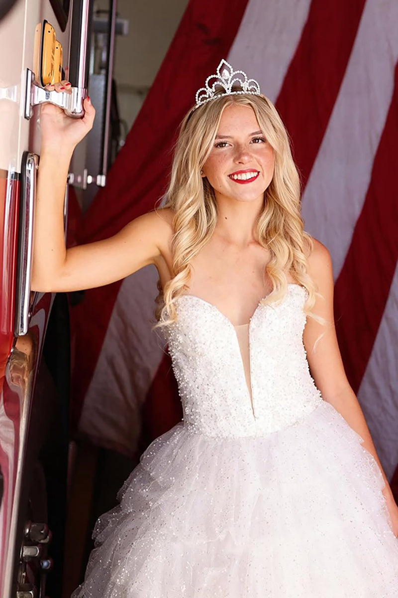 Load image into Gallery viewer, Sparkly Light Blue Strapless Tiered Long Prom Dress with Slit