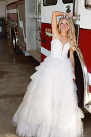 Load image into Gallery viewer, Sparkly Light Blue Strapless Tiered Long Prom Dress with Slit