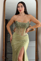 Load image into Gallery viewer, Sparkly Sage Beaded Mermaid Long Corset Prom Dress with Slit