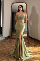 Load image into Gallery viewer, Sparkly Sage Beaded Mermaid Long Corset Prom Dress with Slit