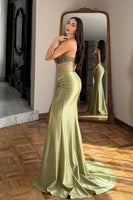 Load image into Gallery viewer, Sparkly Sage Beaded Mermaid Long Corset Prom Dress with Slit