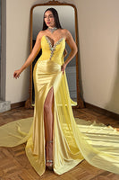 Load image into Gallery viewer, Sparkly Gold Mermaid Beaded Long Prom Dress with Slit