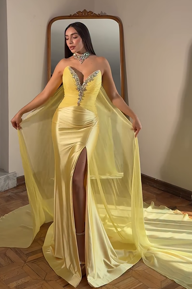 Load image into Gallery viewer, Sparkly Gold Mermaid Beaded Long Prom Dress with Slit