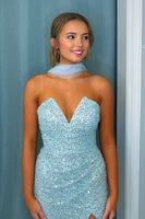 Load image into Gallery viewer, Sparkly Blue Sequin Sheath Long Prom Dress with Slit