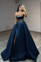 Load image into Gallery viewer, Sparkly Navy Ball Gown Sweetheart Long Corset Prom Dress with Slit