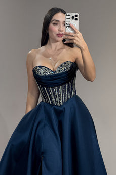 Sparkly Navy Ball Gown Sweetheart Long Corset Prom Dress with Slit
