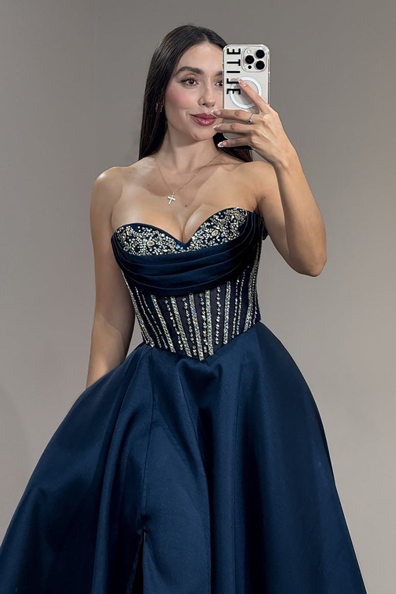 Load image into Gallery viewer, Sparkly Navy Ball Gown Sweetheart Long Corset Prom Dress with Slit
