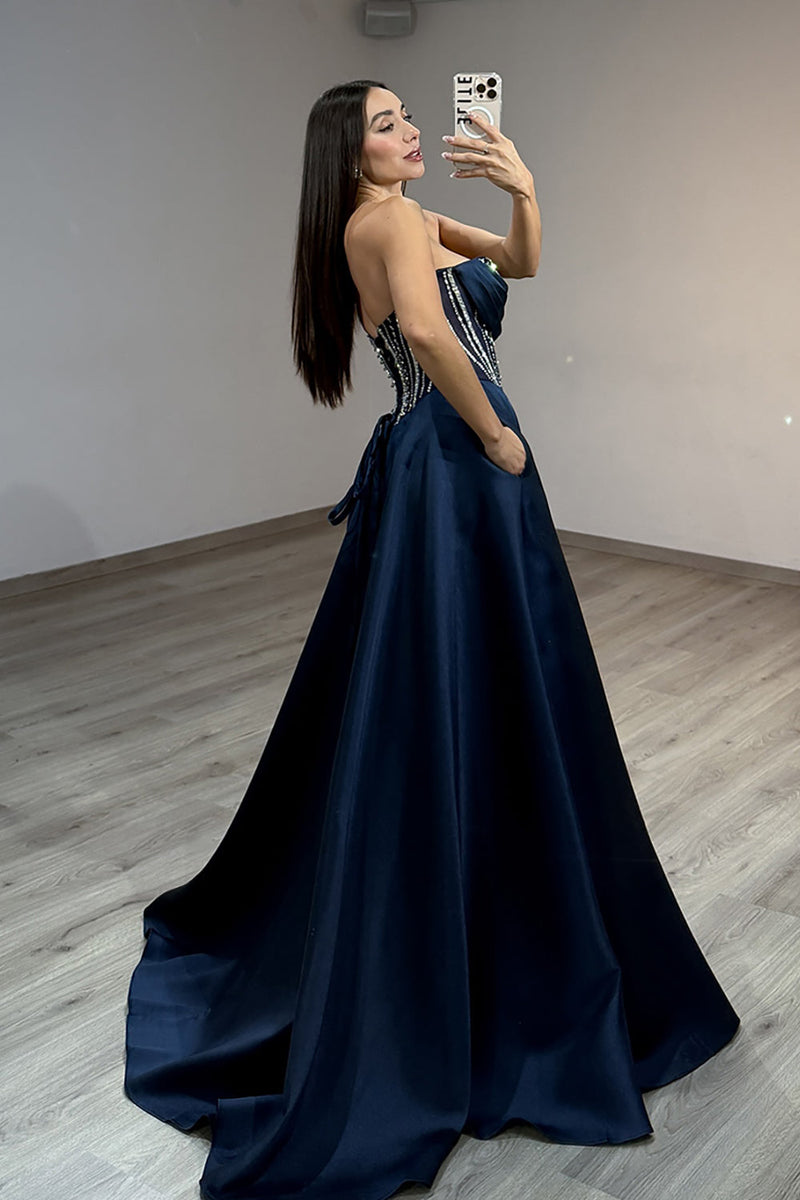Load image into Gallery viewer, Sparkly Navy Ball Gown Sweetheart Long Corset Prom Dress with Slit