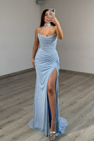 Load image into Gallery viewer, Sparkly Light Blue Strapless Sheath Long Corset Prom Dress with Slit
