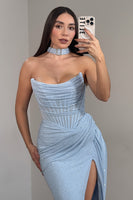 Load image into Gallery viewer, Sparkly Light Blue Strapless Sheath Long Corset Prom Dress with Slit