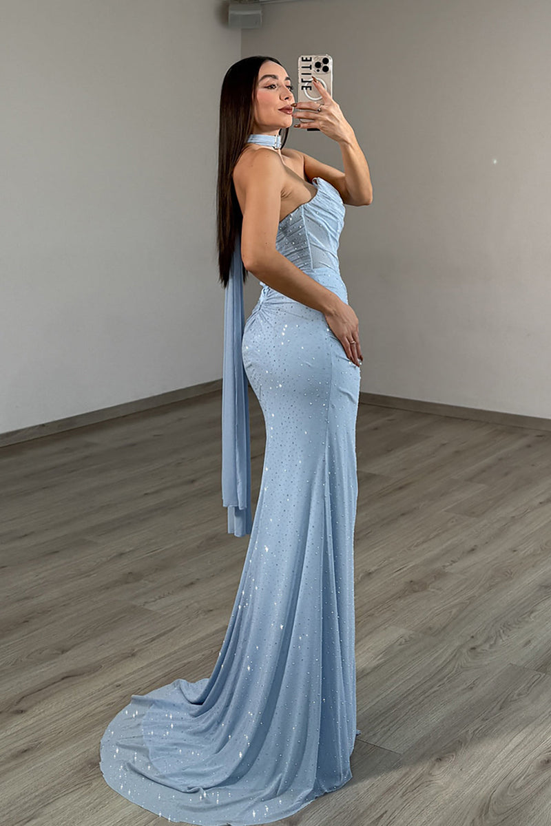 Load image into Gallery viewer, Sparkly Light Blue Strapless Sheath Long Corset Prom Dress with Slit