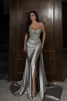 Load image into Gallery viewer, Sparkly Gold Mermaid Corset Long Prom Dress with Side Cape