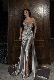 Sparkly Gold Mermaid Corset Long Prom Dress with Side Cape