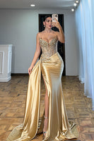 Load image into Gallery viewer, Sparkly Gold Mermaid Corset Long Prom Dress with Side Cape