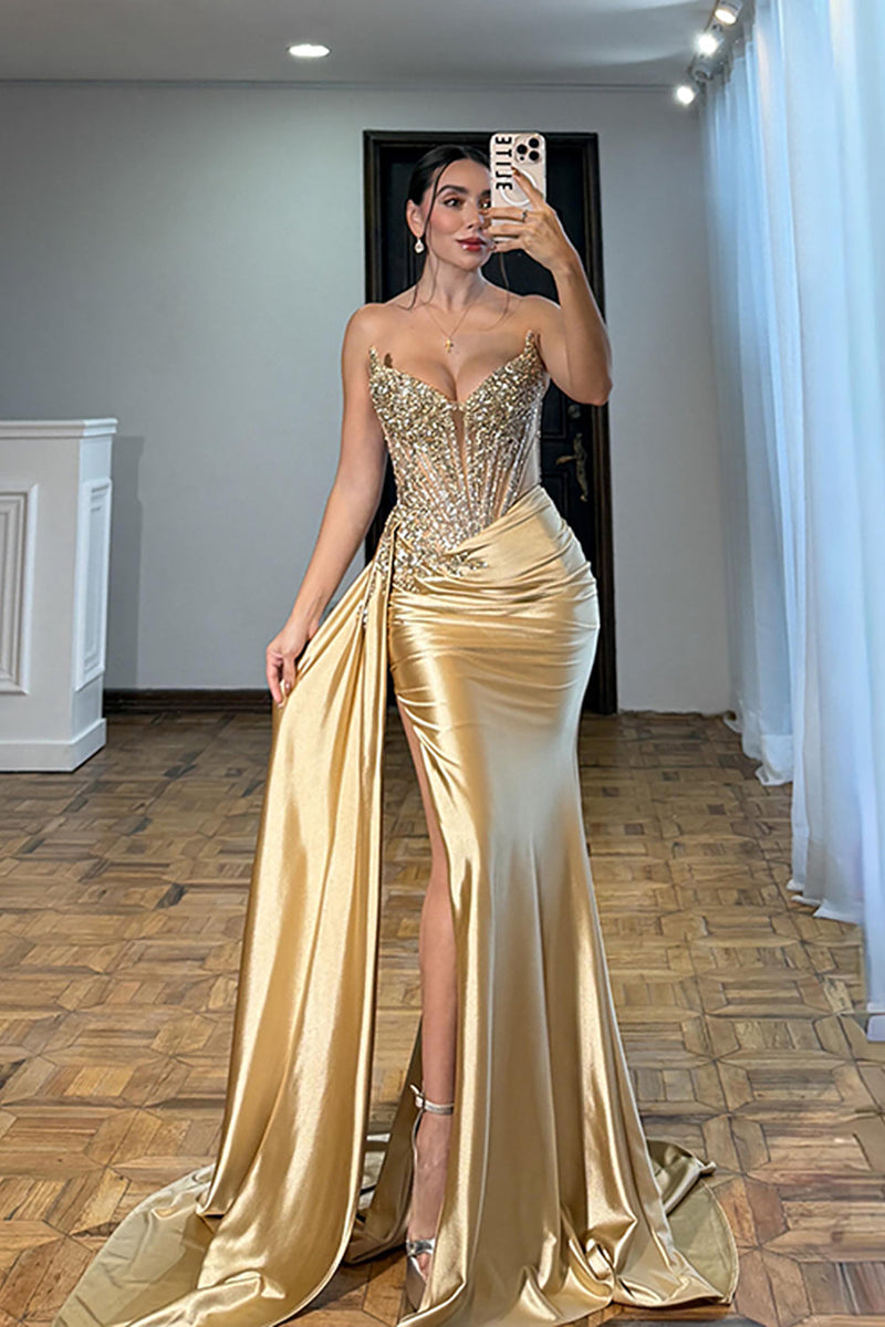 Load image into Gallery viewer, Sparkly Gold Mermaid Corset Long Prom Dress with Side Cape