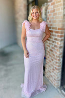 Load image into Gallery viewer, Sparkly Pink Sequin Square Neck Sheath Long Prom Dress with Ruffles