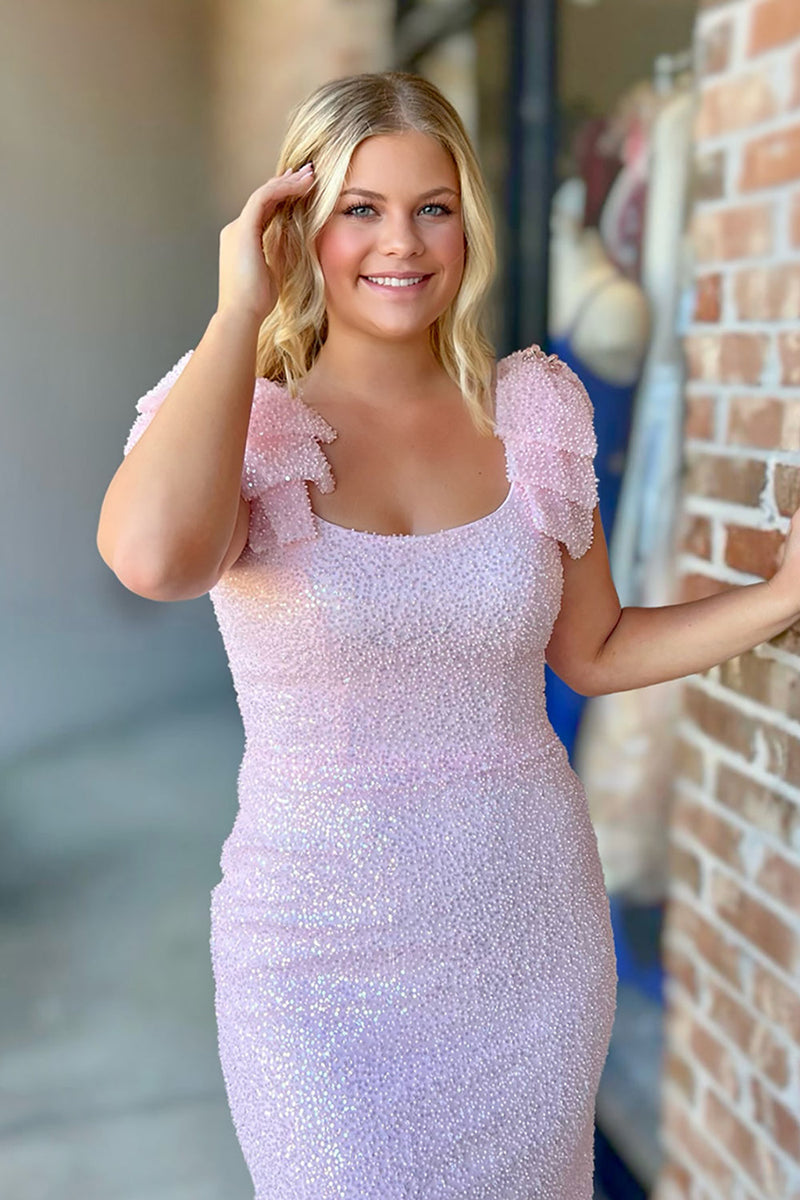 Load image into Gallery viewer, Sparkly Pink Sequin Square Neck Sheath Long Prom Dress with Ruffles