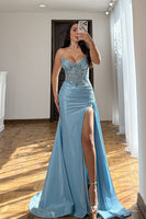 Load image into Gallery viewer, Sparkly Light Blue Strapless Mermaid Long Corset Prom Dress with Slit