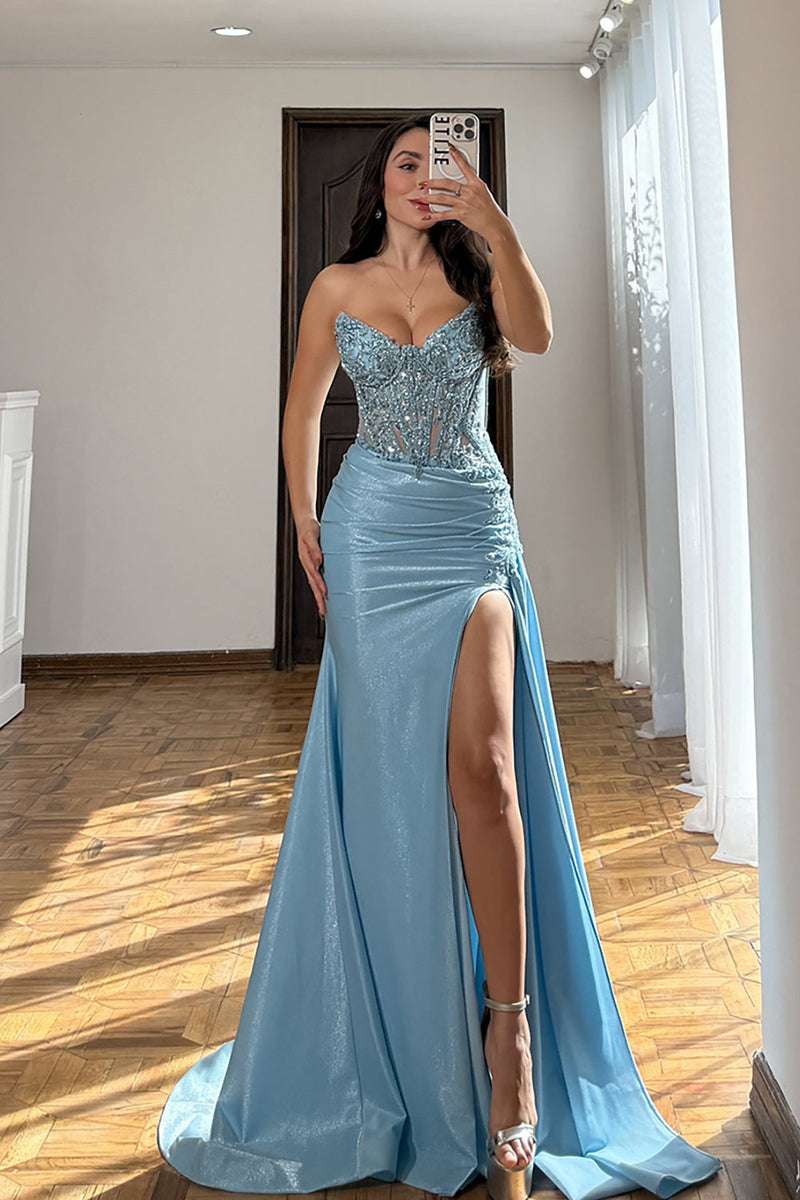 Load image into Gallery viewer, Sparkly Light Blue Strapless Mermaid Long Corset Prom Dress with Slit