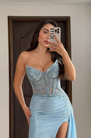 Load image into Gallery viewer, Sparkly Light Blue Strapless Mermaid Long Corset Prom Dress with Slit