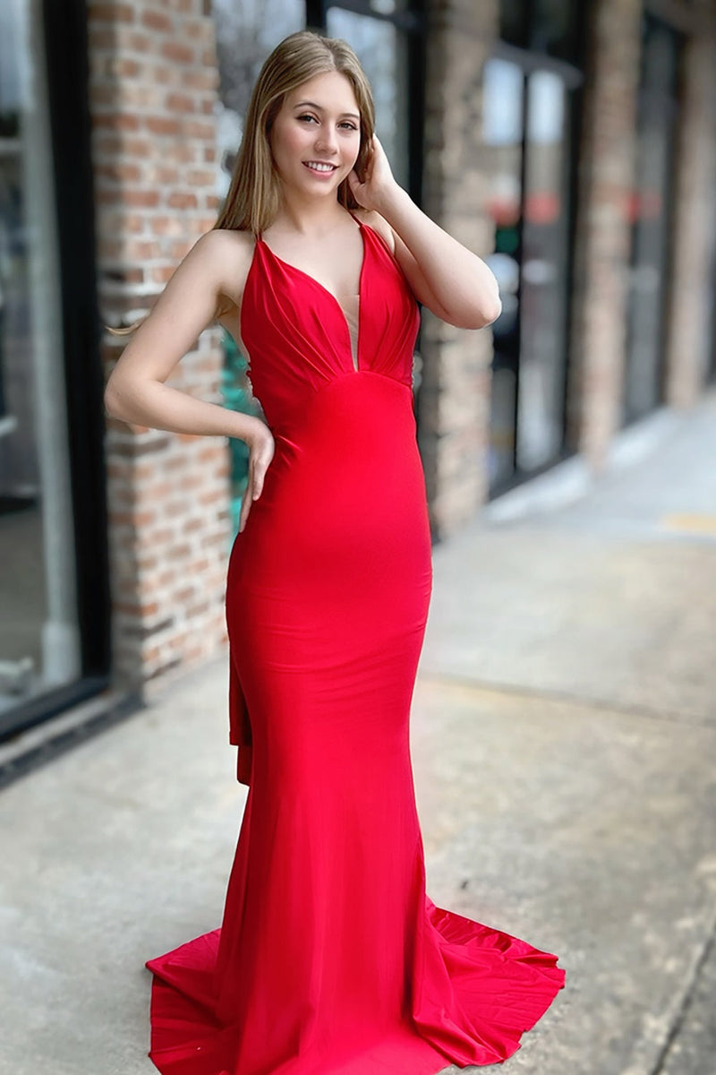 Load image into Gallery viewer, Sparkly Red Mermaid V-Neck Long Prom Dress