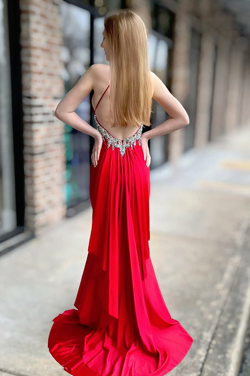 Load image into Gallery viewer, Sparkly Red Mermaid V-Neck Long Prom Dress