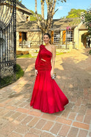 Load image into Gallery viewer, Red One Shoulder Cut Out Long Mermaid Prom Dress with 3D Flower