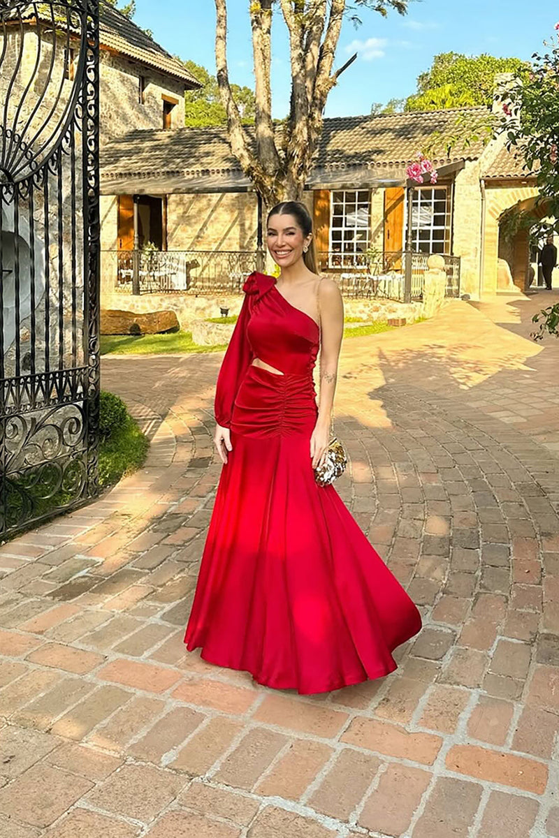 Load image into Gallery viewer, Red One Shoulder Cut Out Long Mermaid Prom Dress with 3D Flower