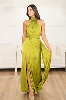 Olive High Neck Sheath Long Prom Dress with Slit