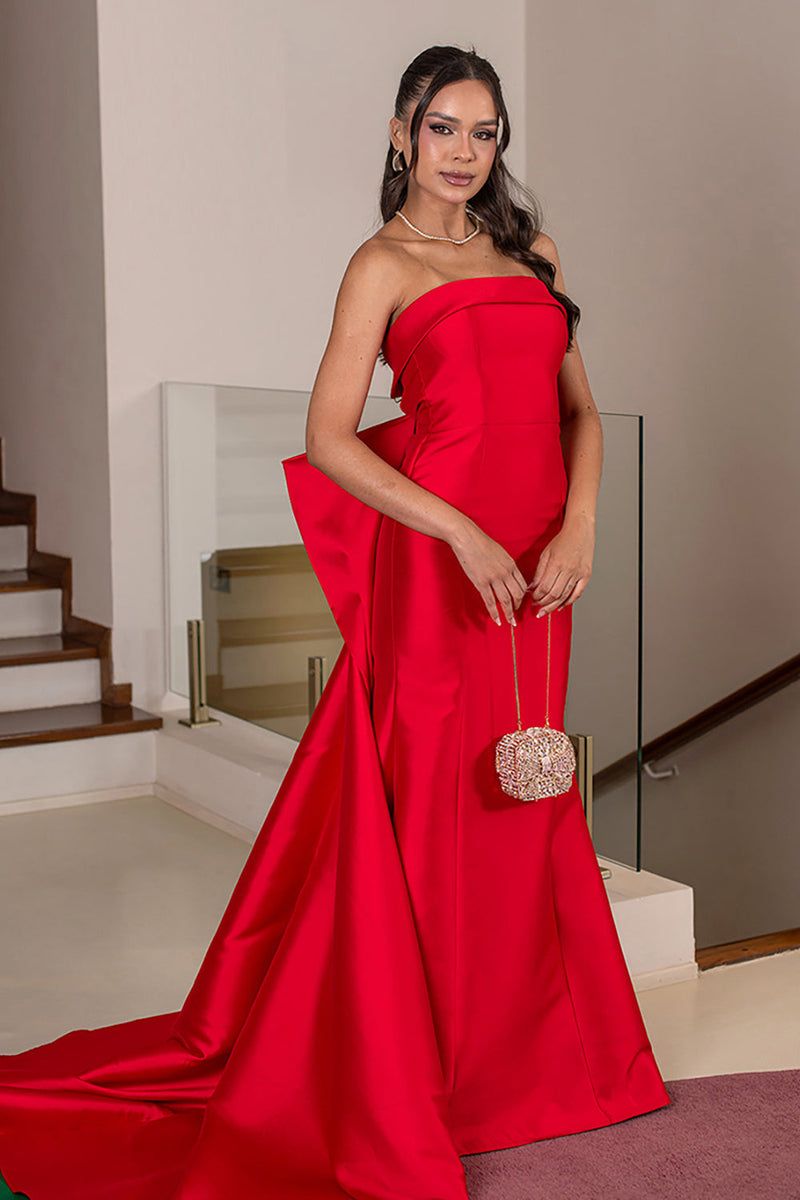 Load image into Gallery viewer, Red Strapless Sheath Long Prom Dress with Cape
