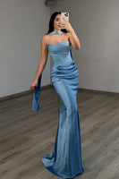 Load image into Gallery viewer, Red Satin Neck Scarf Mermaid Long Prom Dress
