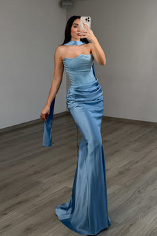 Red Satin Neck Scarf Mermaid Long Prom Dress