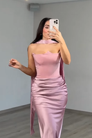 Load image into Gallery viewer, Red Satin Neck Scarf Mermaid Long Prom Dress