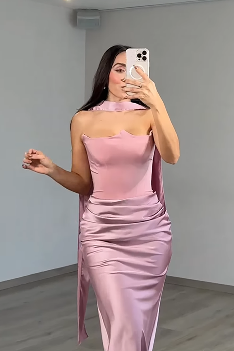 Load image into Gallery viewer, Red Satin Neck Scarf Mermaid Long Prom Dress