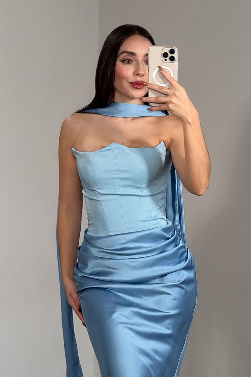 Load image into Gallery viewer, Red Satin Neck Scarf Mermaid Long Prom Dress