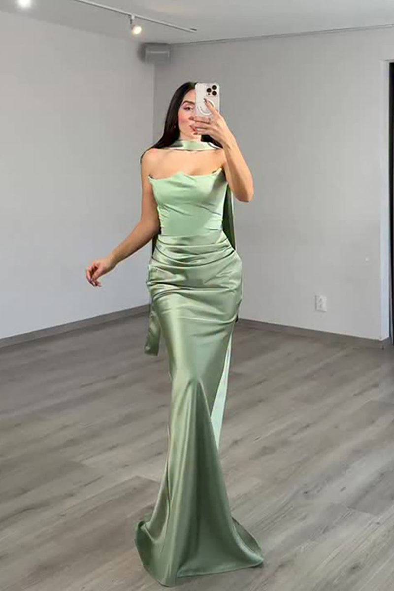 Load image into Gallery viewer, Red Satin Neck Scarf Mermaid Long Prom Dress