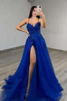 Load image into Gallery viewer, Sparkly Royal Blue Tulle Spaghetti Straps Long Prom Dress with Slit