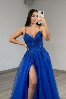 Sparkly Royal Blue Tulle Spaghetti Straps Long Prom Dress with Slit