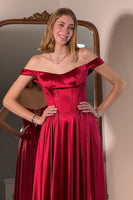 Load image into Gallery viewer, Red Satin Off the Shoulder Long Corset Prom Dress