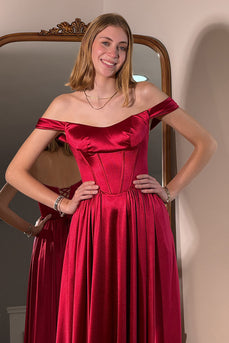 Red Satin Off the Shoulder Long Corset Prom Dress
